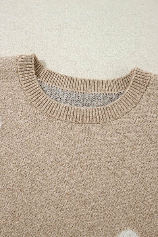 Parchment Flower Pattern Ribbed Crew Neck Sweater