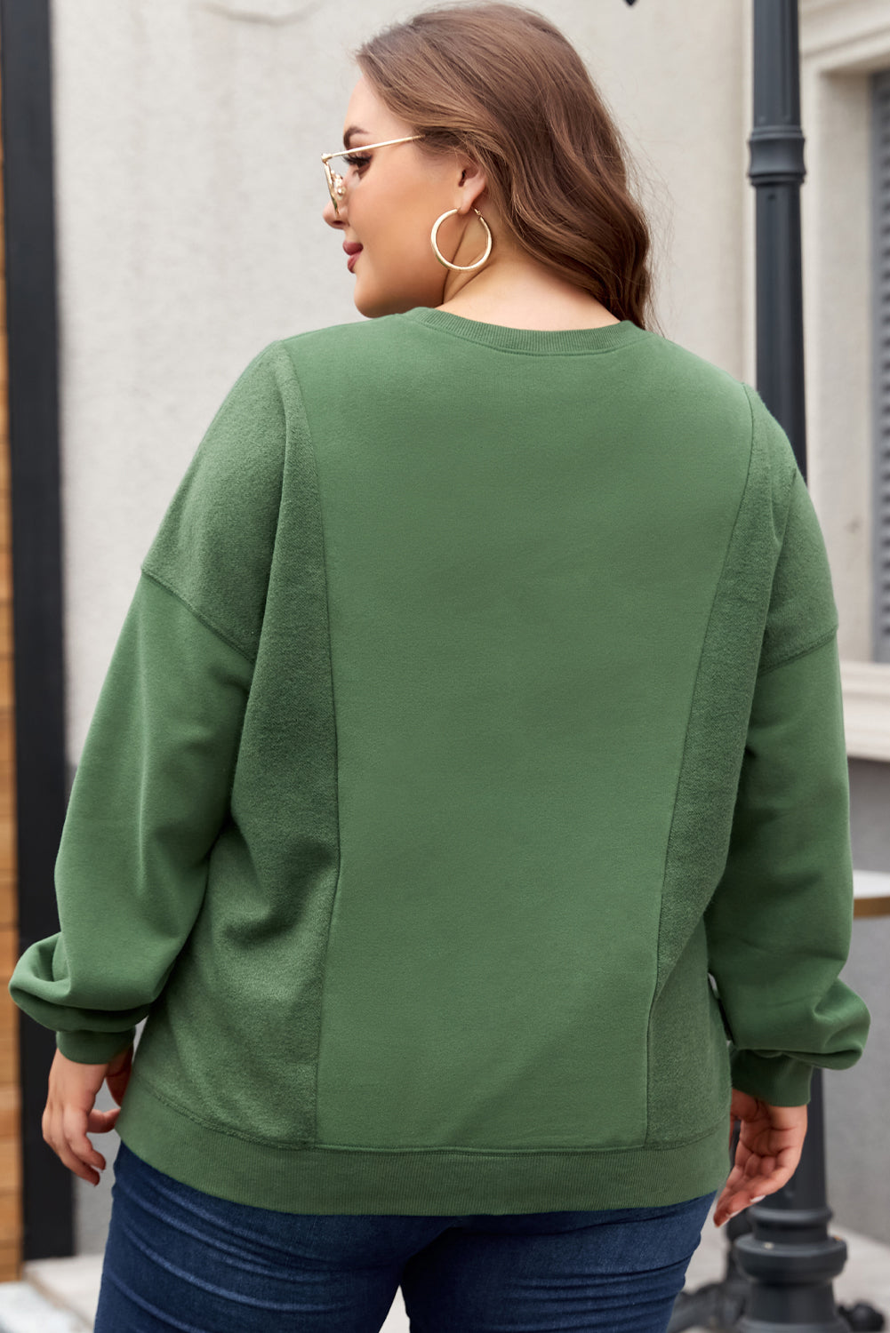 Blackish Green Plus Size Round Neck Patchwork Loose Sweatshirt