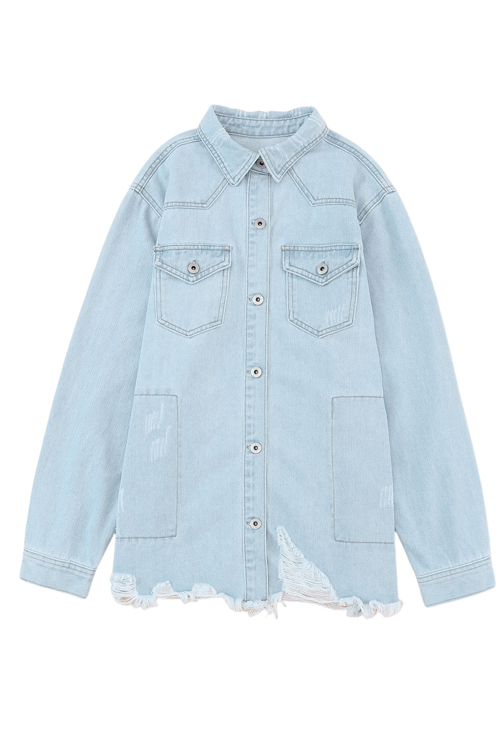 Sky Blue Klappe Tasche geknöpfte rohe Saum -Denimjacke