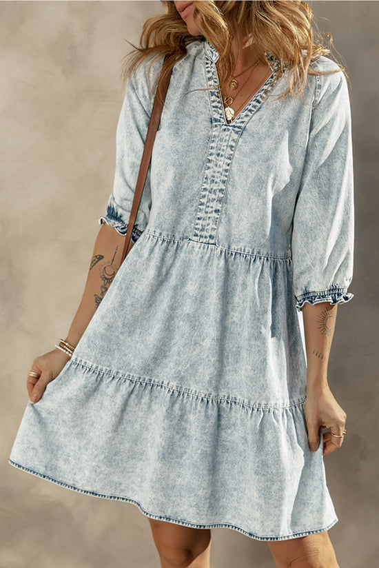 Retro Mid Sleeve Acid Wash Flare Denim Dress in Dusk Blue