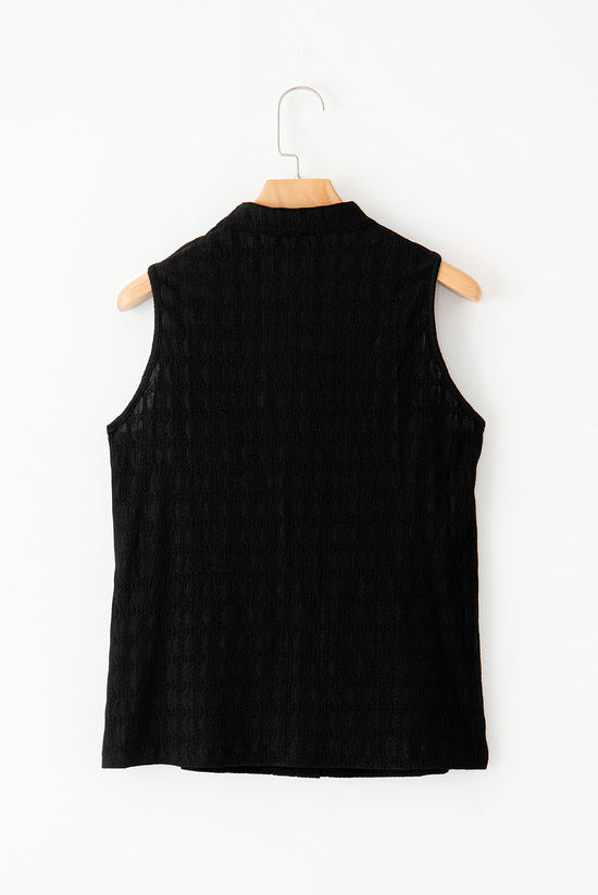 Textured black tank top with split collar *