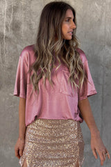 Pink loose cutting t-shirt with chest pocket