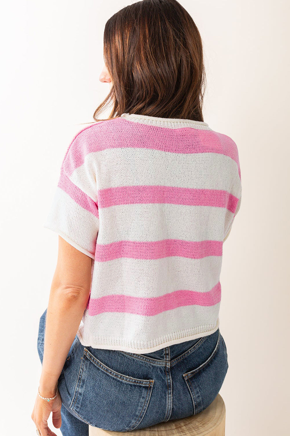 Pink Stripe Dropped Short Sleeve Lightweight Knitted Top