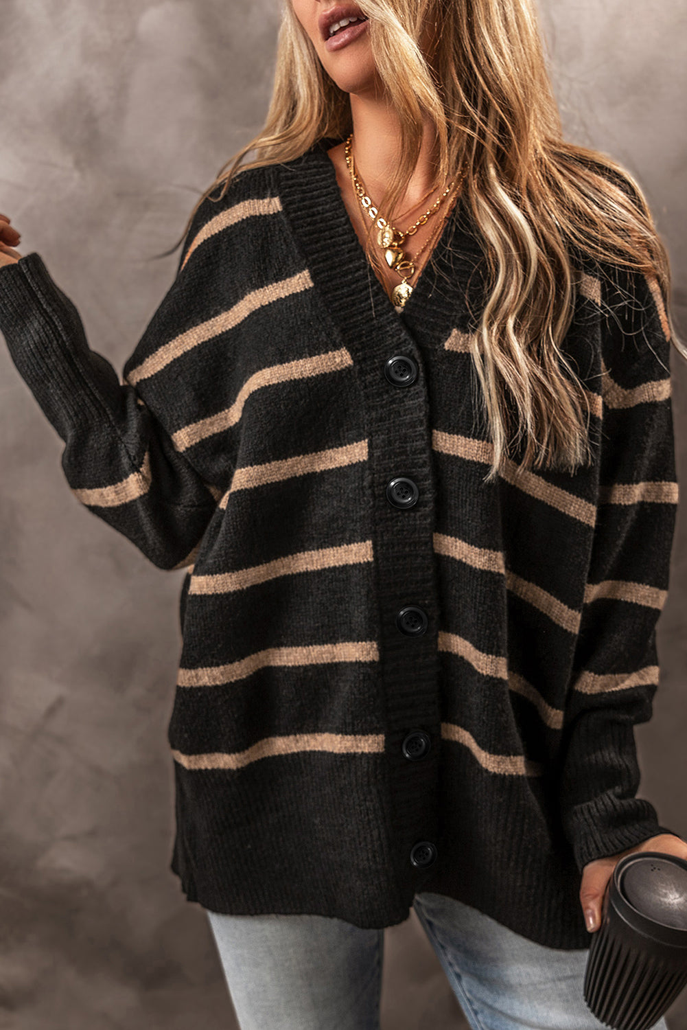 Black Striped Buttoned V-Neck Drop Shoulder Loose Cardigan