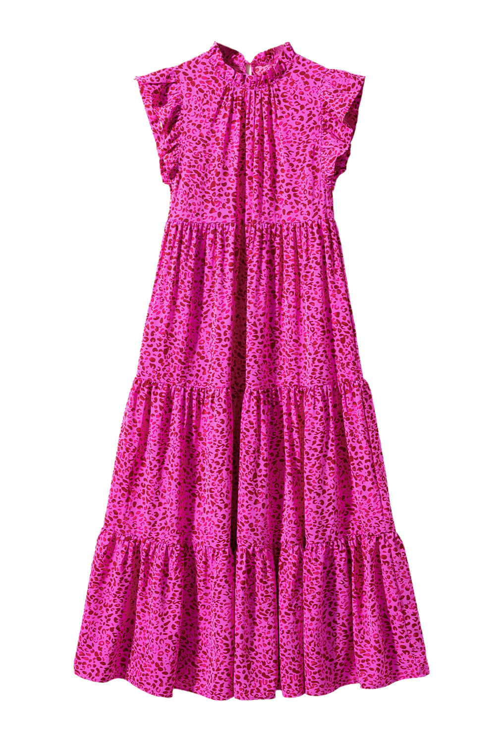 Rose Red Leopard Print Ruffled Trim Tiered Maxi Dress