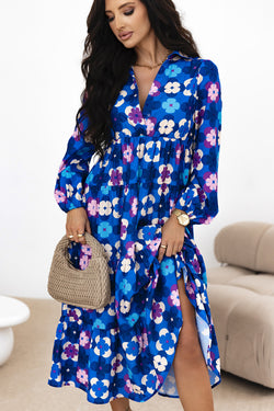 Blue floral midi dress with ruffled peasant sleeves and ruffles