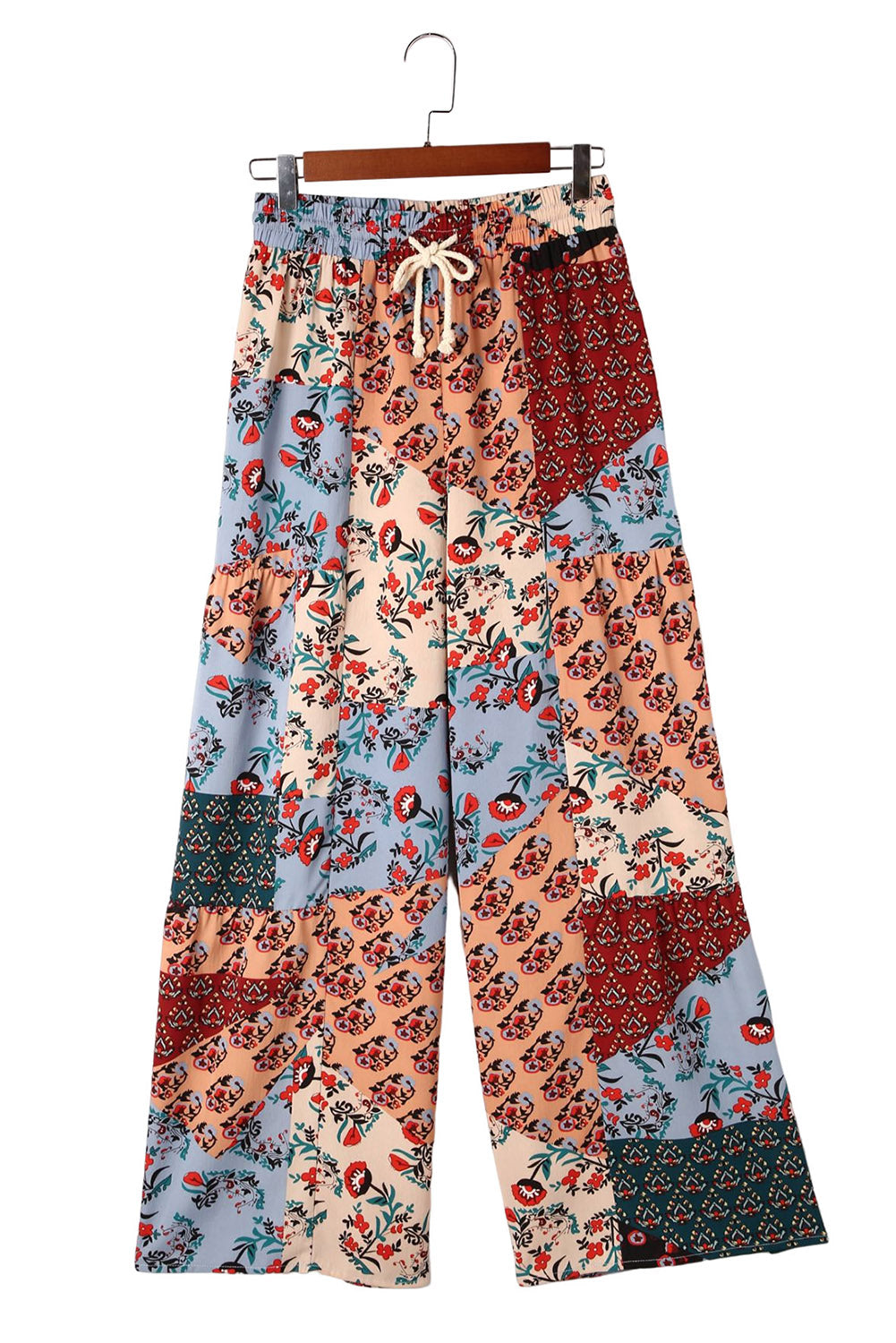 Pantalon large à cordon de serrage imprimé patchwork bohème multicolore