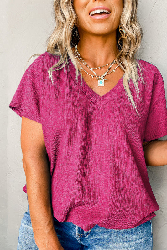 Bright Pink Textured V Neck Bubble Hem Plus Top