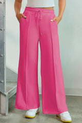 Red Rose - Terry Knit Sweatpants with Drawstring and Smocked Waist, Wide Leg