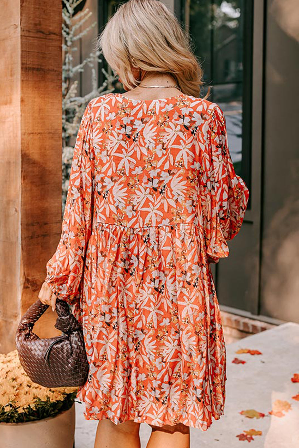 Mid-length orange dress with floral print, large size *