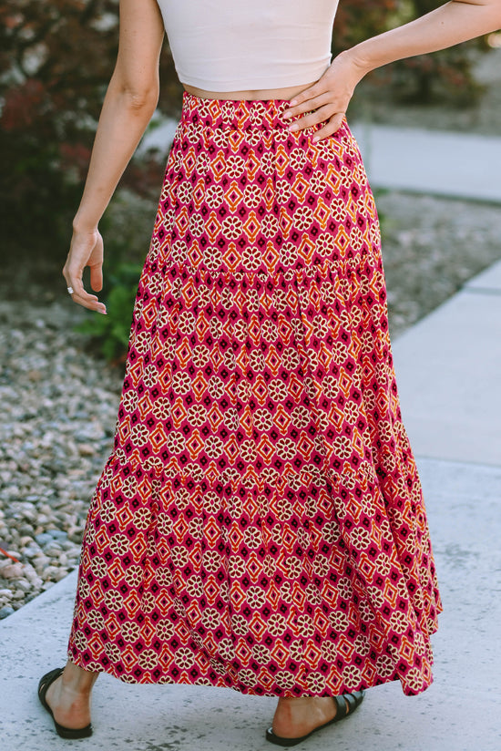 Long skirt with several levels with floral print bohemian vintage pink