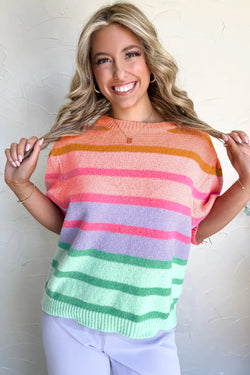 Short sleeve sweater with pink red colored stripes