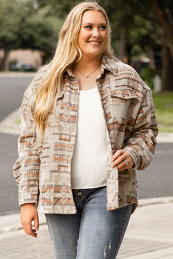 White Aztec Geometric Print Jacket with Pockets Plus Size