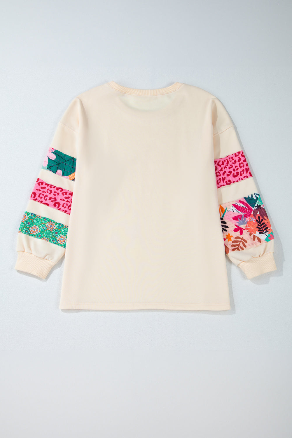 Plus Size Beige Printed Patchwork Sleeve Split Sweatshirt