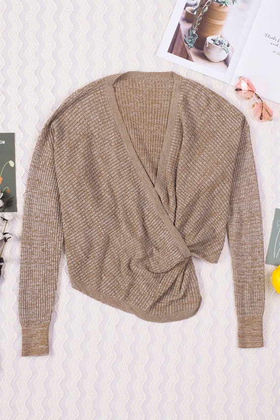 Khaki waffle V-neck sweater