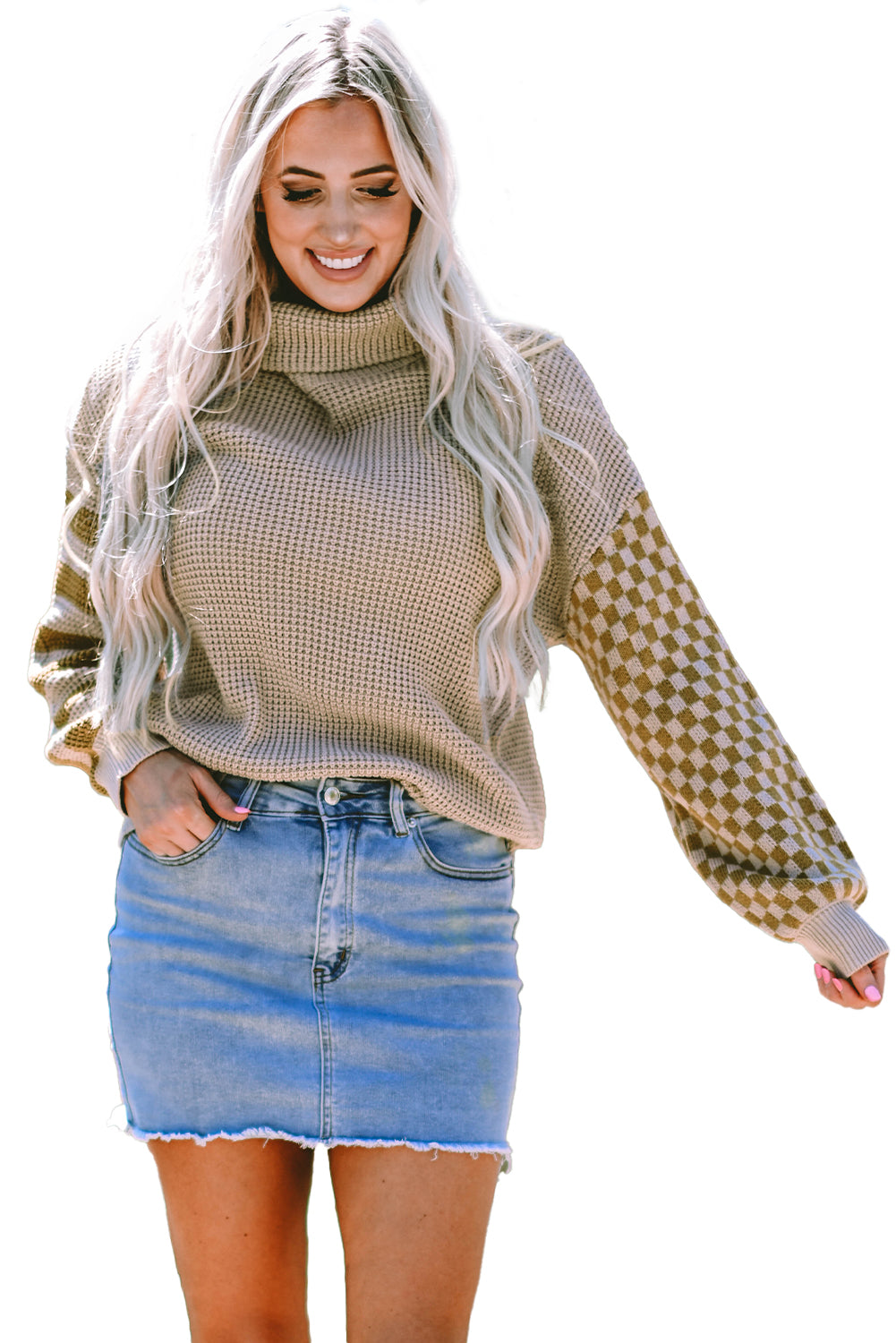 Smoke Gray Striped Plaid Patchwork Waffle Knit Turtleneck Sweater