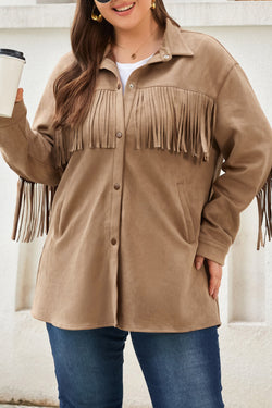 Khaki Suede Jacket with Fringe Trim, Plus Size