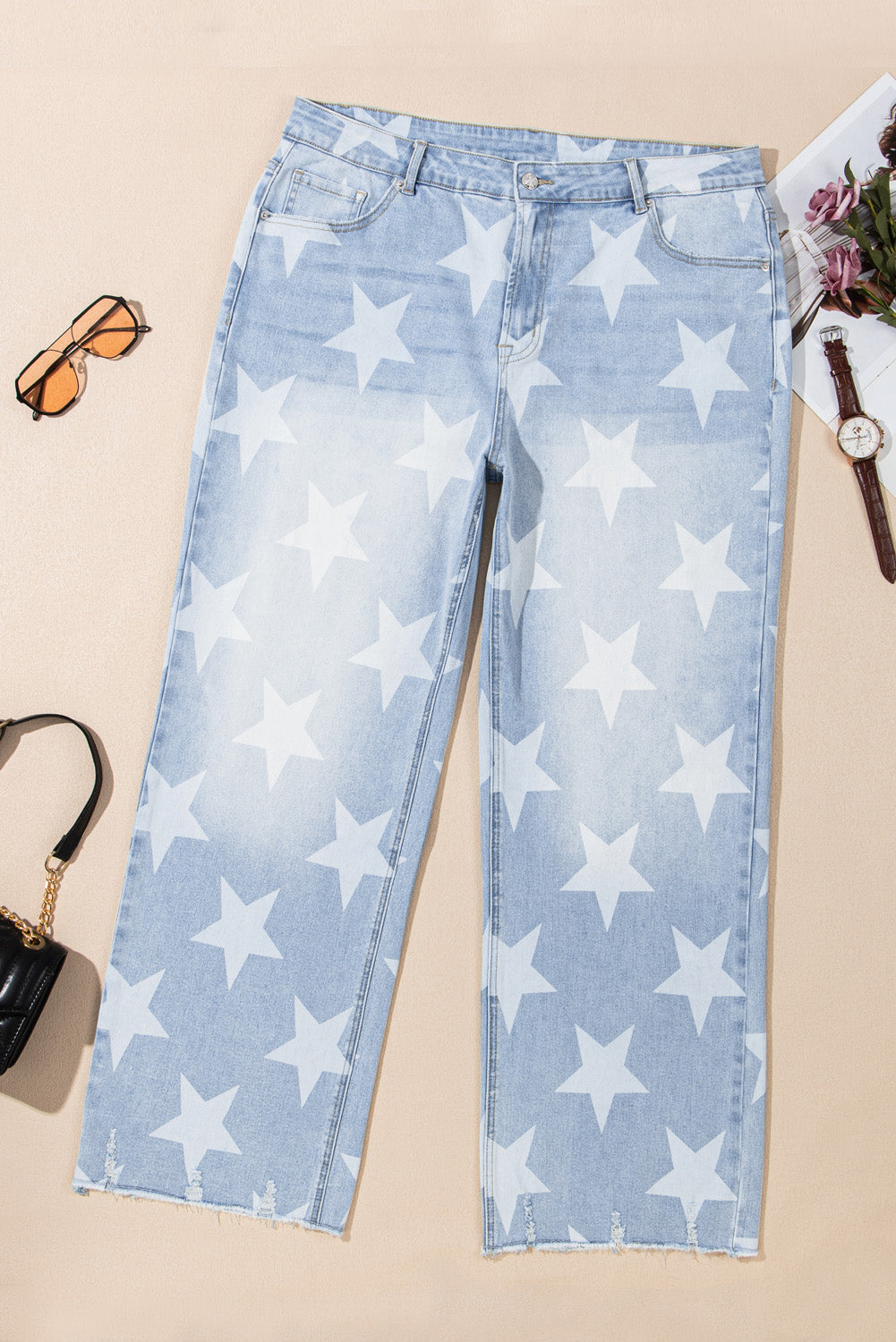 Beau Blue - Plus Size Star Pattern High Waisted Jeans