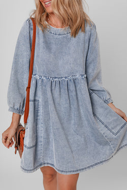 Beau Blue - Mini-robe en jean taille haute à délavage clair, coupe ample