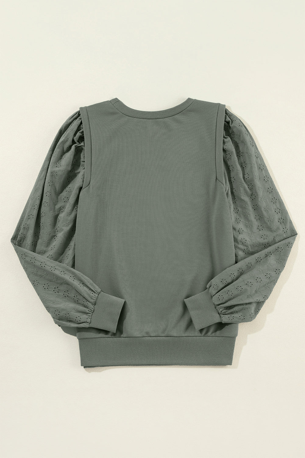 Sweat-shirt à col rond et manches patchwork uni vert grisâtre