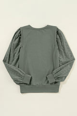 Sweat-shirt à col rond et manches patchwork uni vert grisâtre