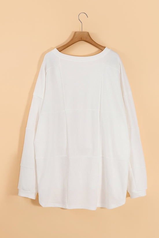 White Baggy Drop Shoulder Sweatshirt with Solid Color Patchwork