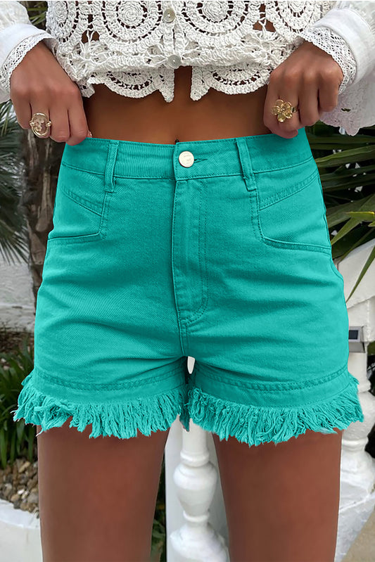 Short en jean taille moyenne à bords effilochés turquoise