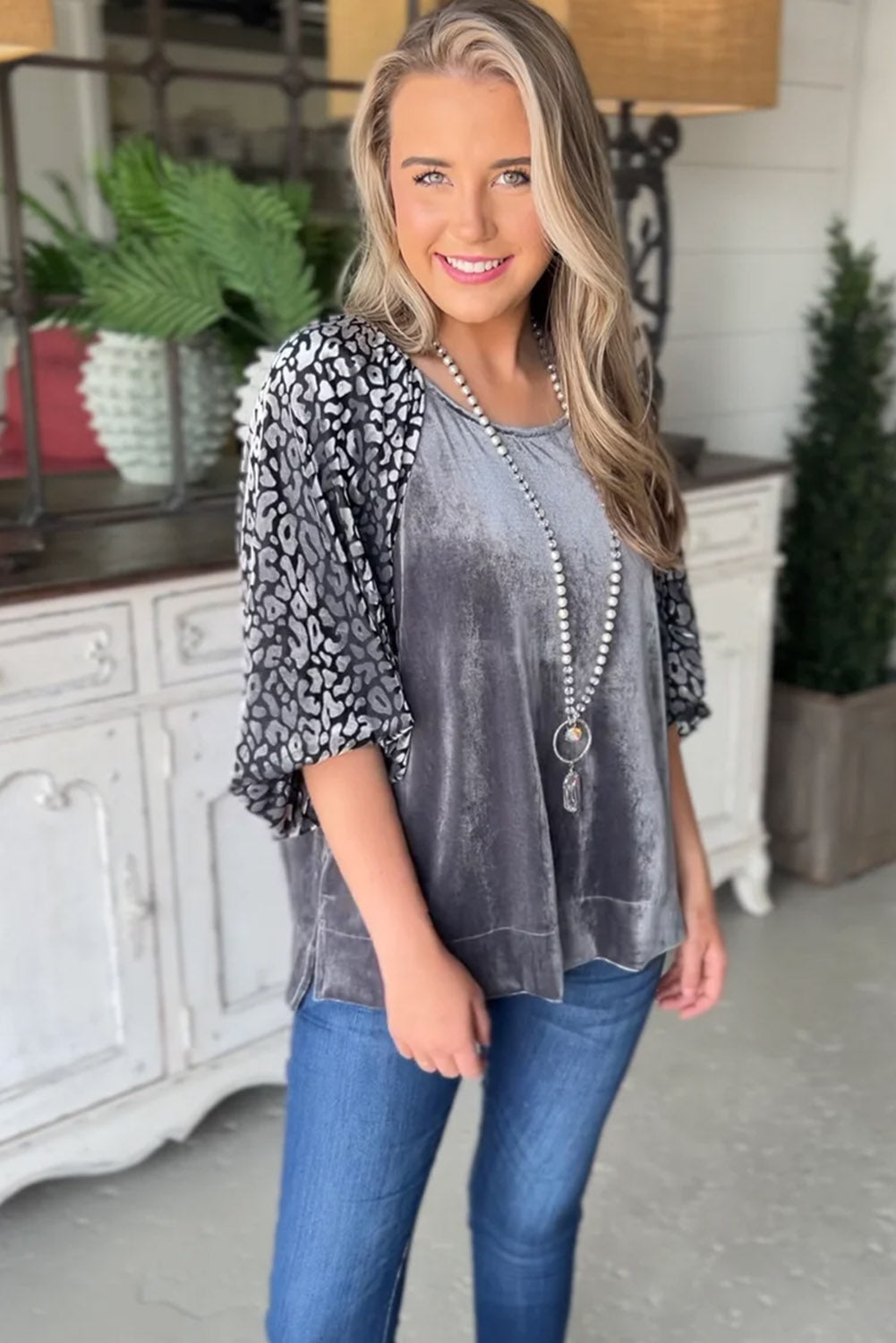 Blouse en velours à manches lanternes épissage léopard gris moyen