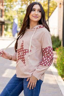 Star Pattern Drawstring Hoodie with Delicate Floral Patchwork