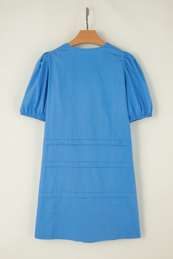 Blue solid color short puff sleeve pleated straight dress