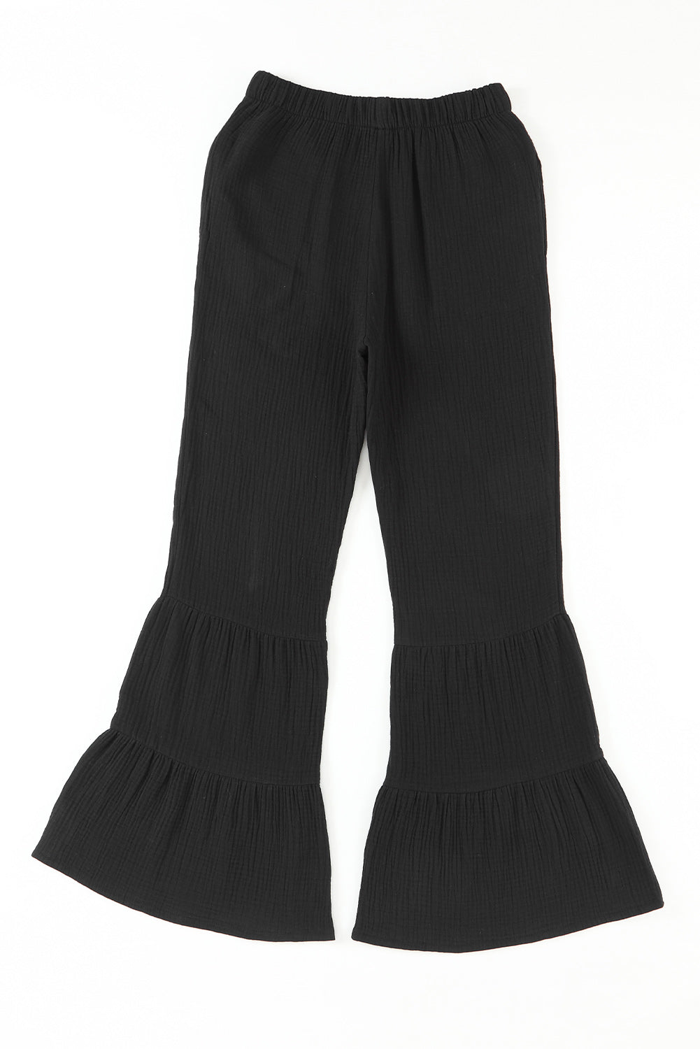 Pantalon noir texturé taille haute à volants et cloche