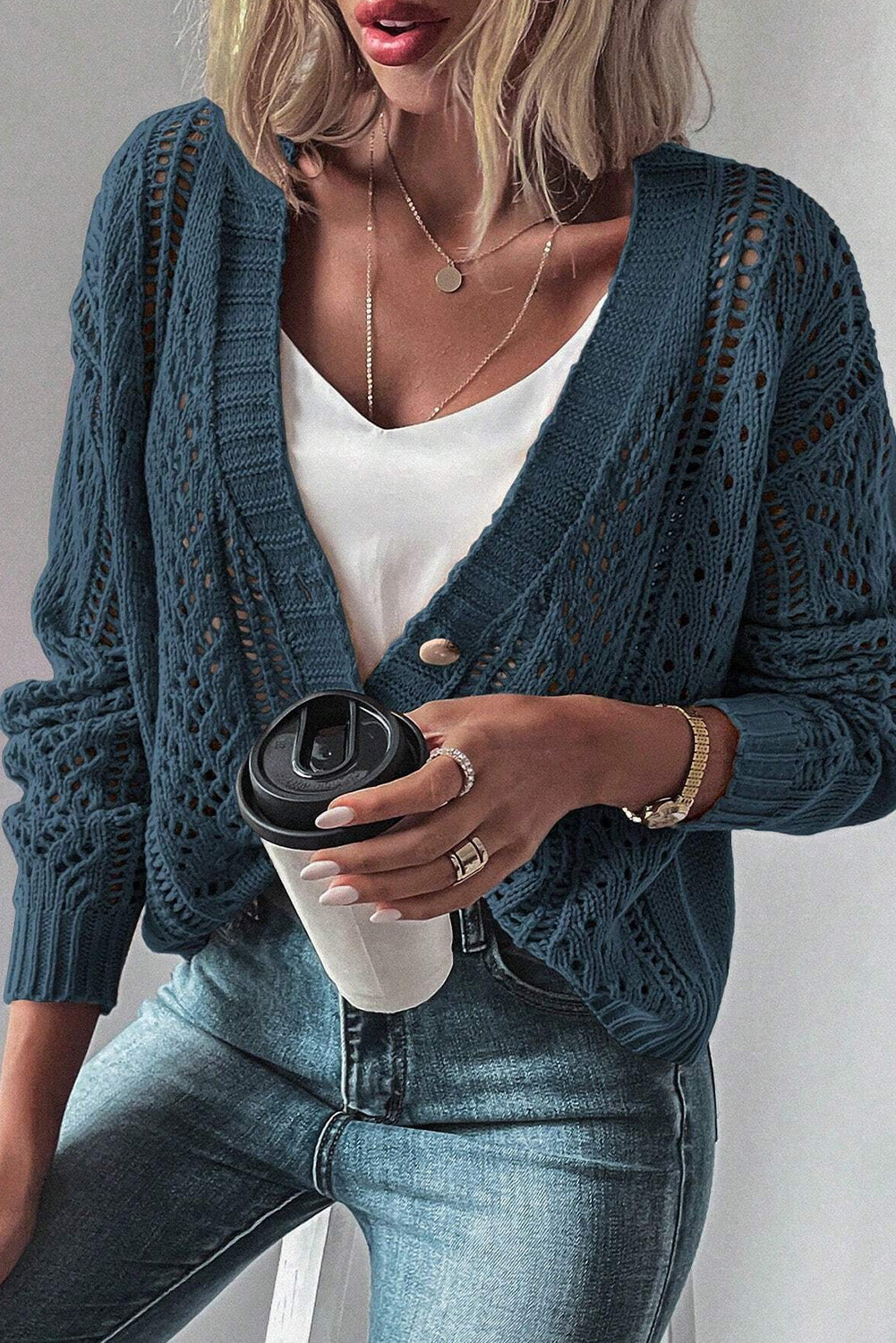 True Teal Open Knit Drop Shoulder Sweater Cardigan