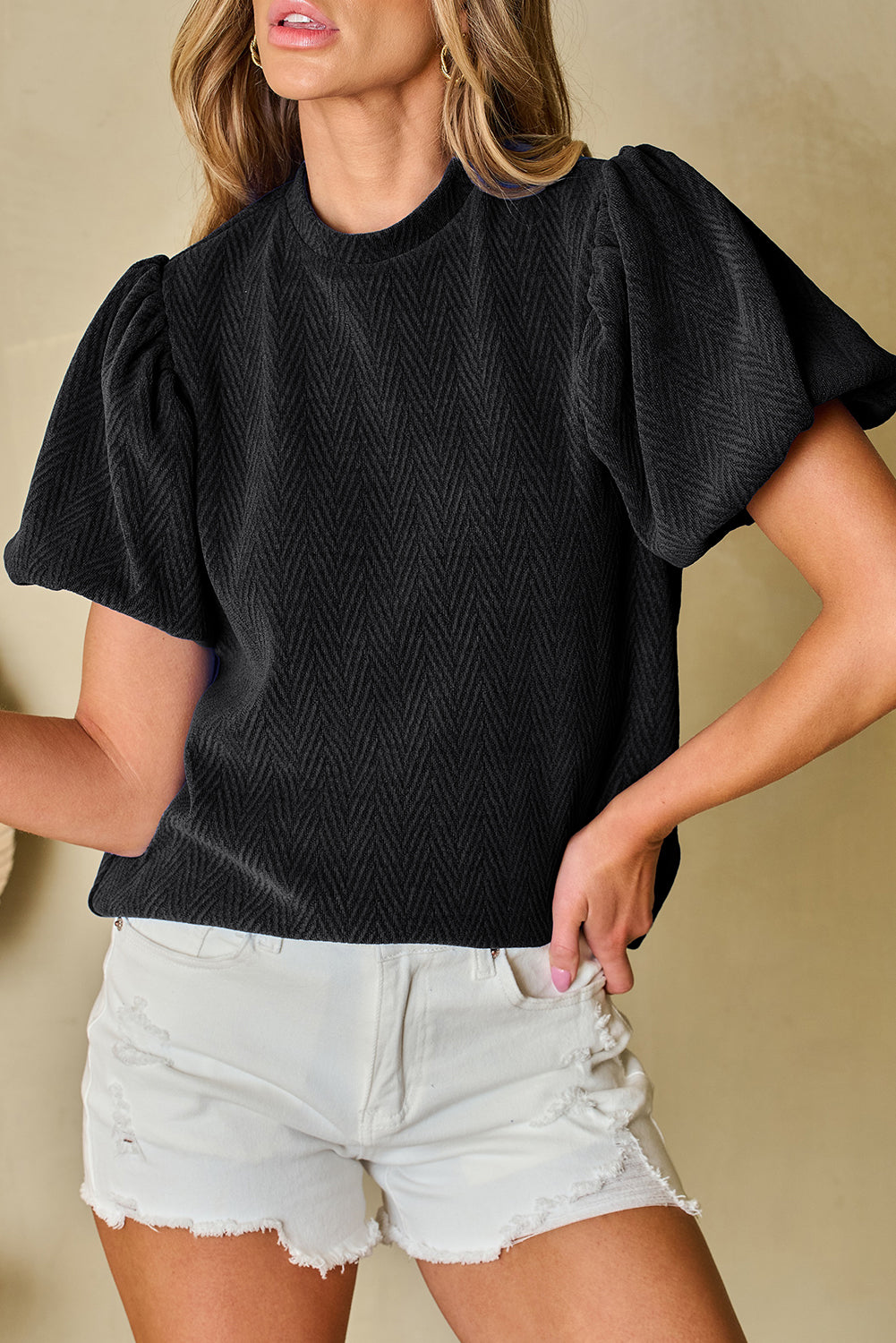 Black Solid Textured Puff Sleeve Mock Neck Blouse