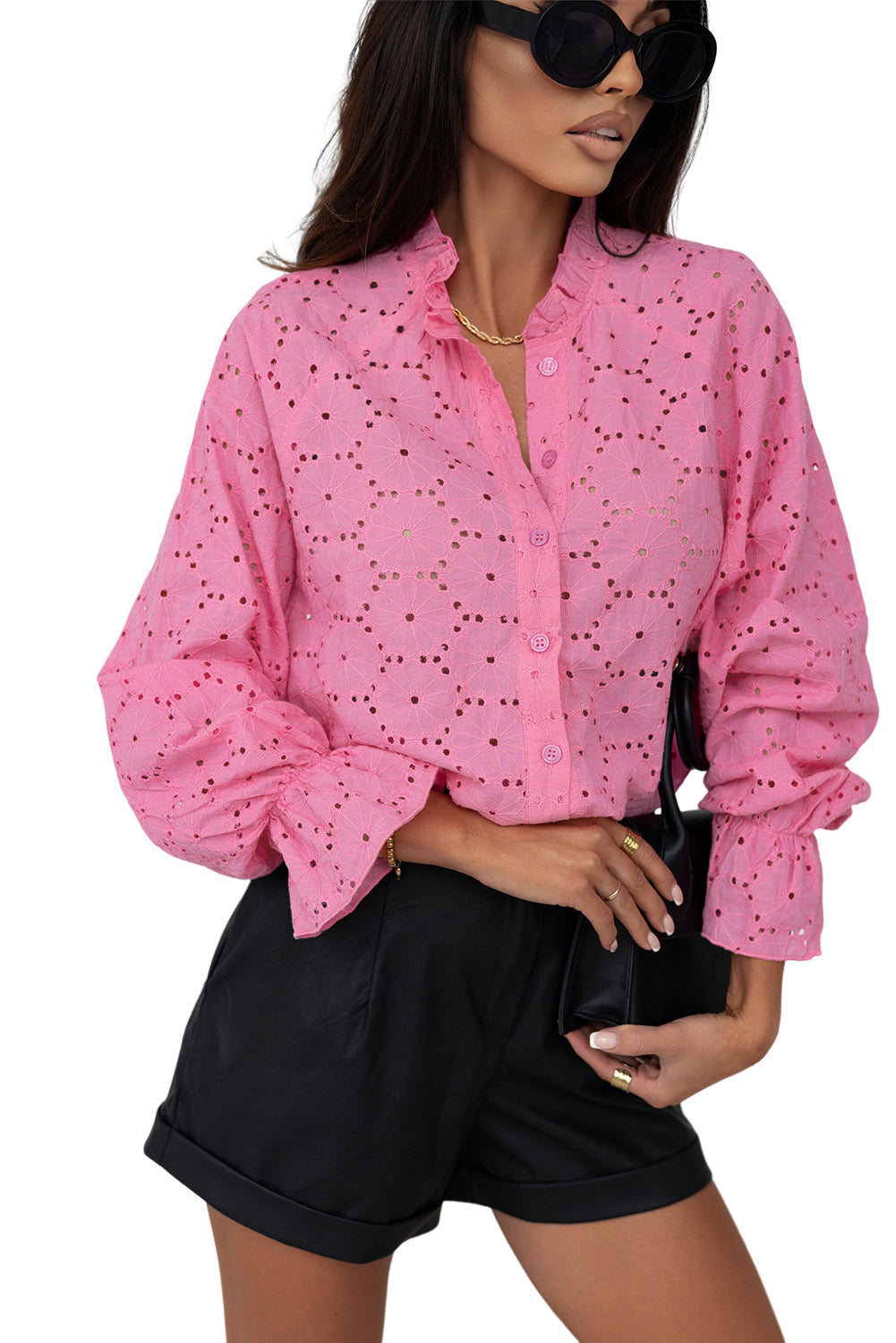 Chemise florale brodée rose creux