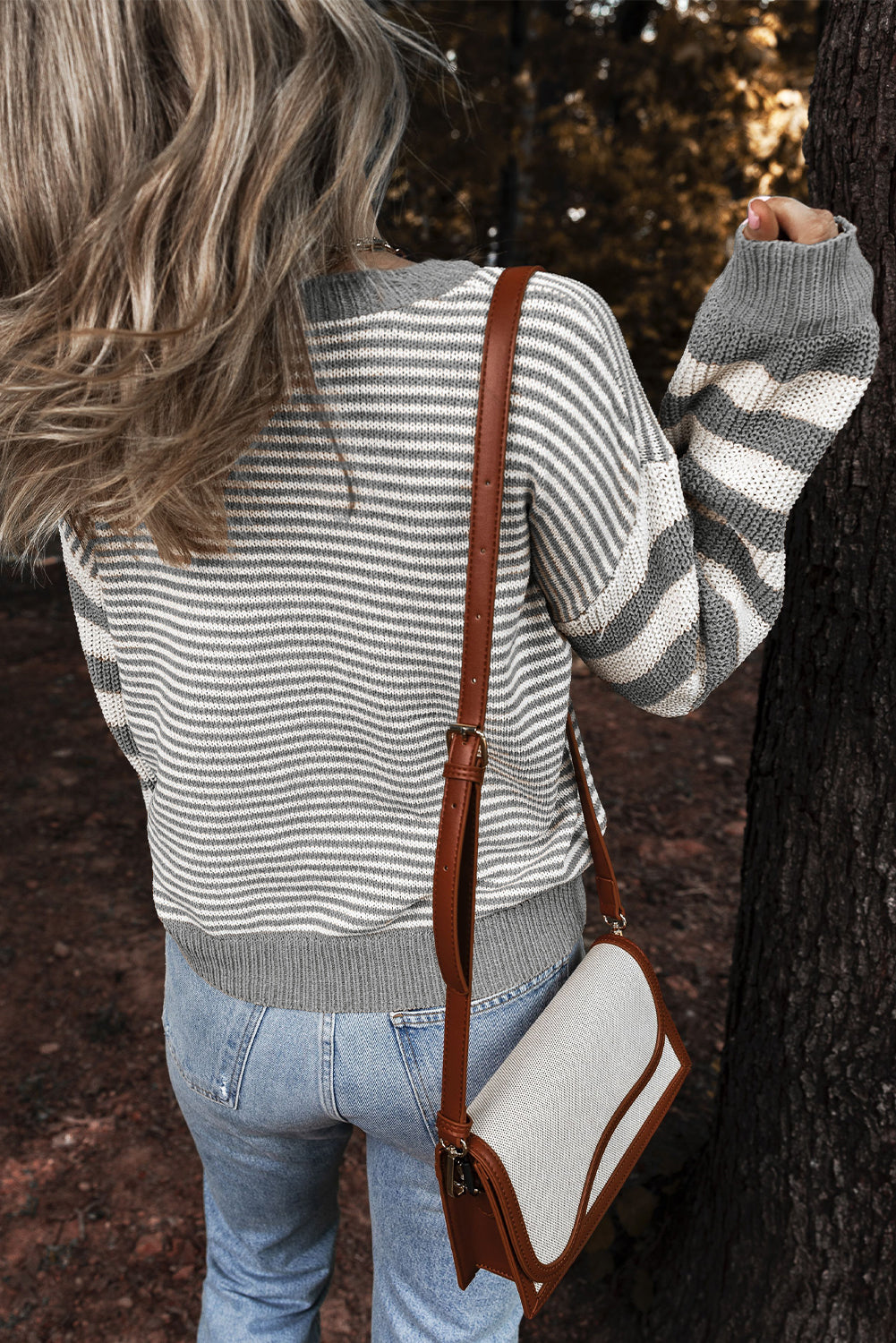 Grey Textured Geometric Striped Drop Shoulder Sweater