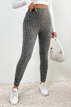 Grey Wide Waist Ribbed Textured Knit Leggings