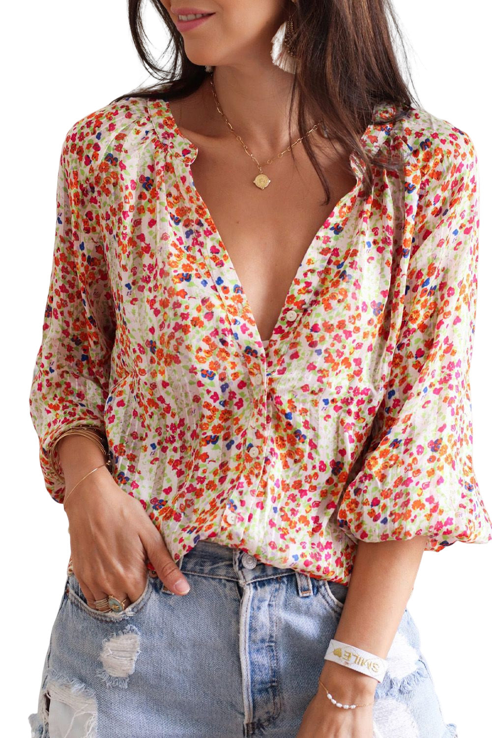 Multicolor Boho Floral Print Knopf Fronthemd