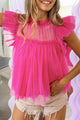 Flared babydoll blouse with rolled sleeves in pink strawberry tulle