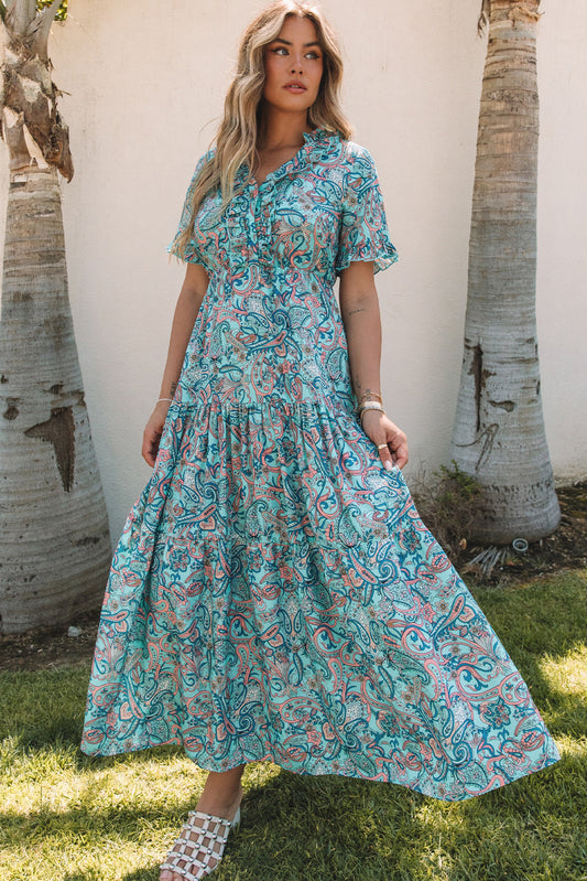 Sky Blue Paisley Print Boho Urlaub Rüschenstufe Maxi Kleid