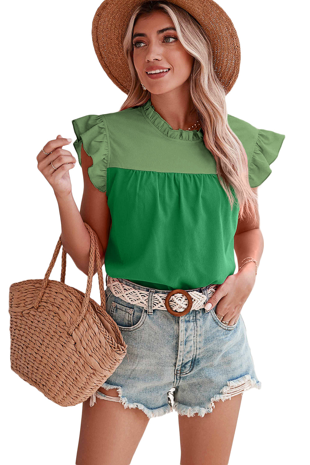 Blouse à manches à manches brillantes à deux tons vert brillant