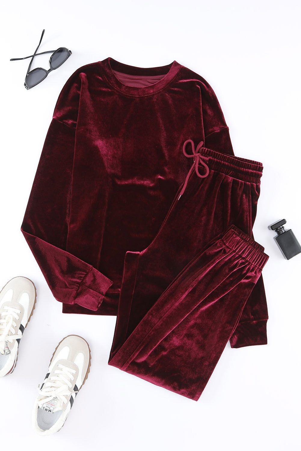 Fiery Red Solid Velvet Two Piece Lounge Set