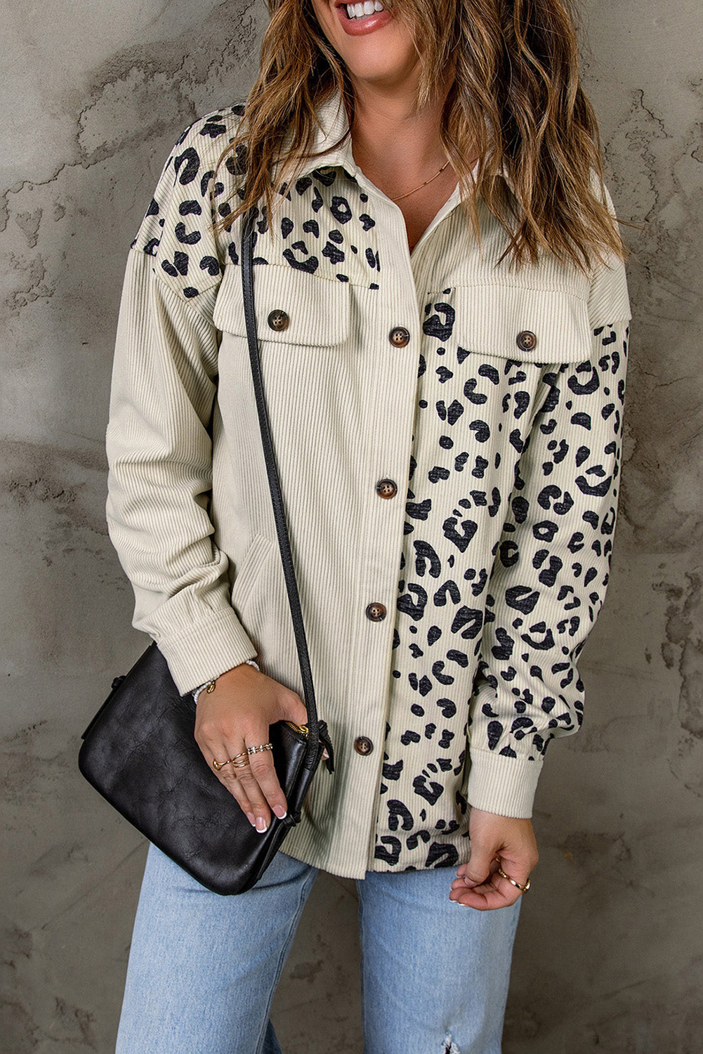 Apricot Leopard Print Detail Pocketed Corduroy Jacket