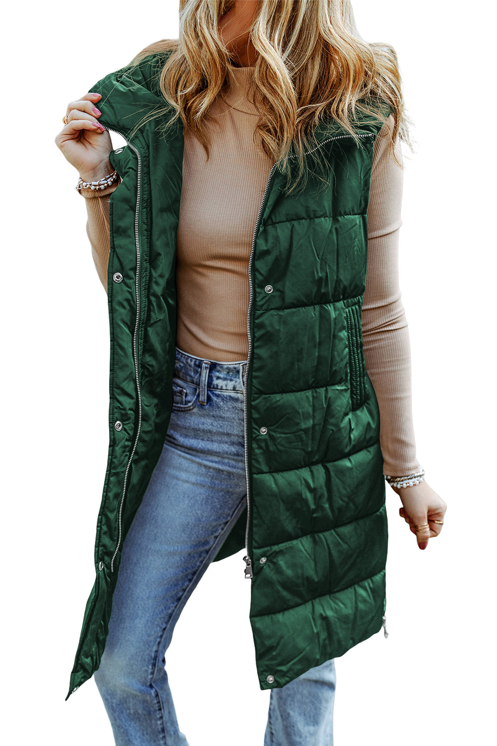 Manteau gilet matelassé long à capuche vert