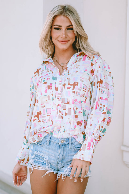 Multicolored lantern sleeve and abstract print shirt