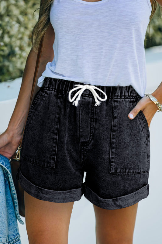 Short en denim taille haute avec poches et cordon de serrage noir