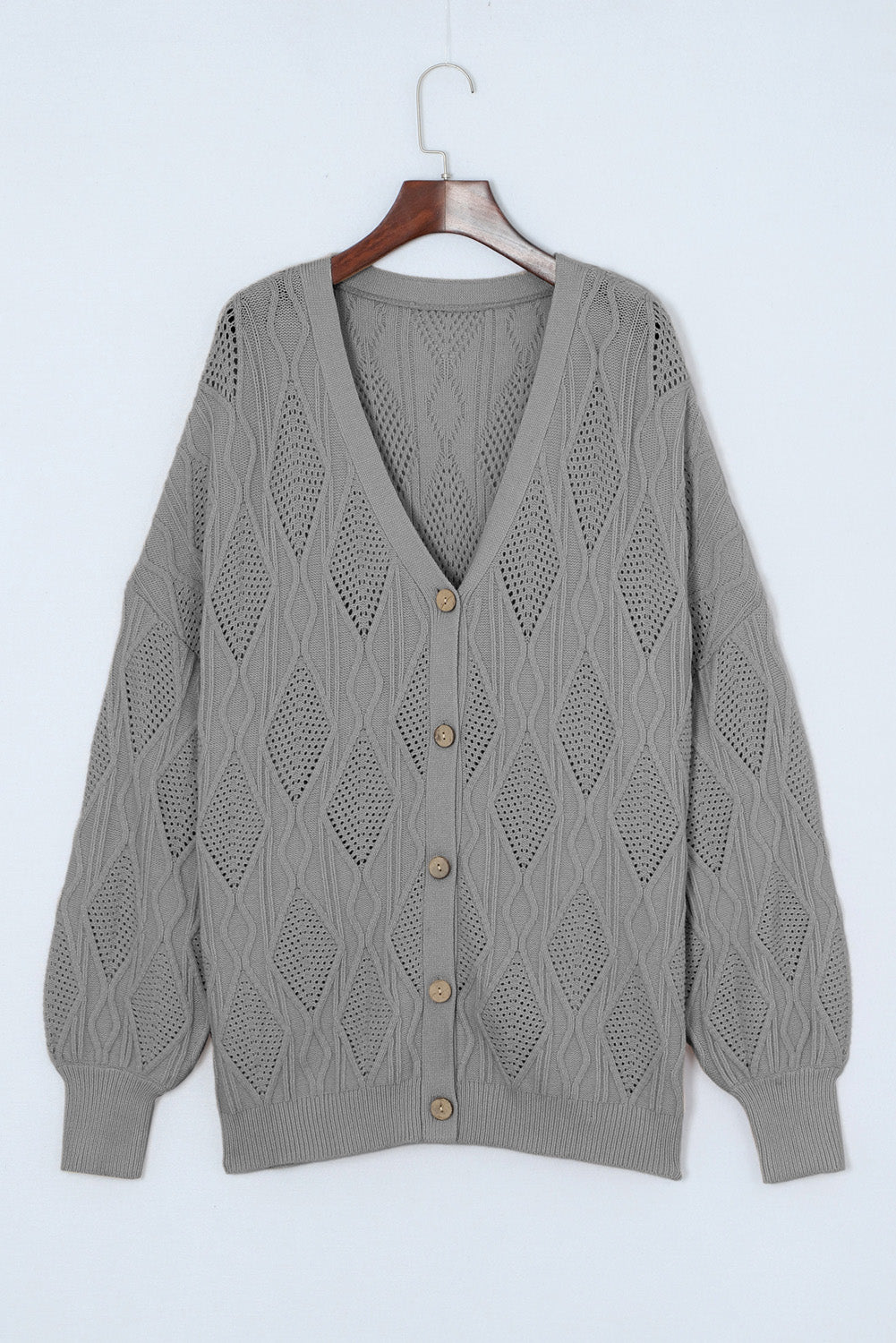 Grey Plus si taglia a maglia Hollow Out Button Up Cardigan