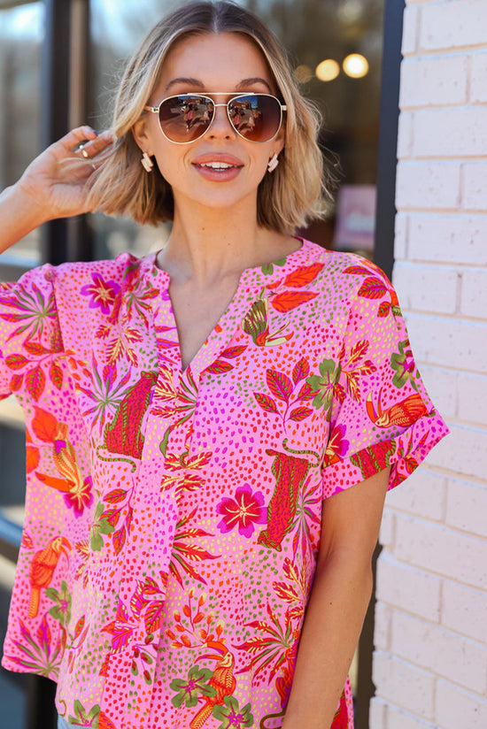 Crowt V -Neck Bluse con estampado floral de la jungla rosa