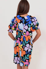 Robe évasée florale bleue à col fendu et à col fendu