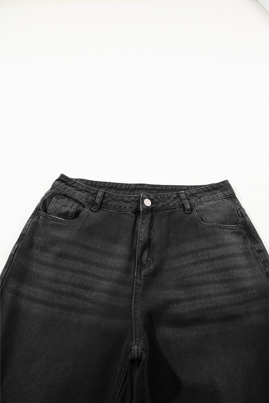 Shortless flared jeans high black waist aged effect