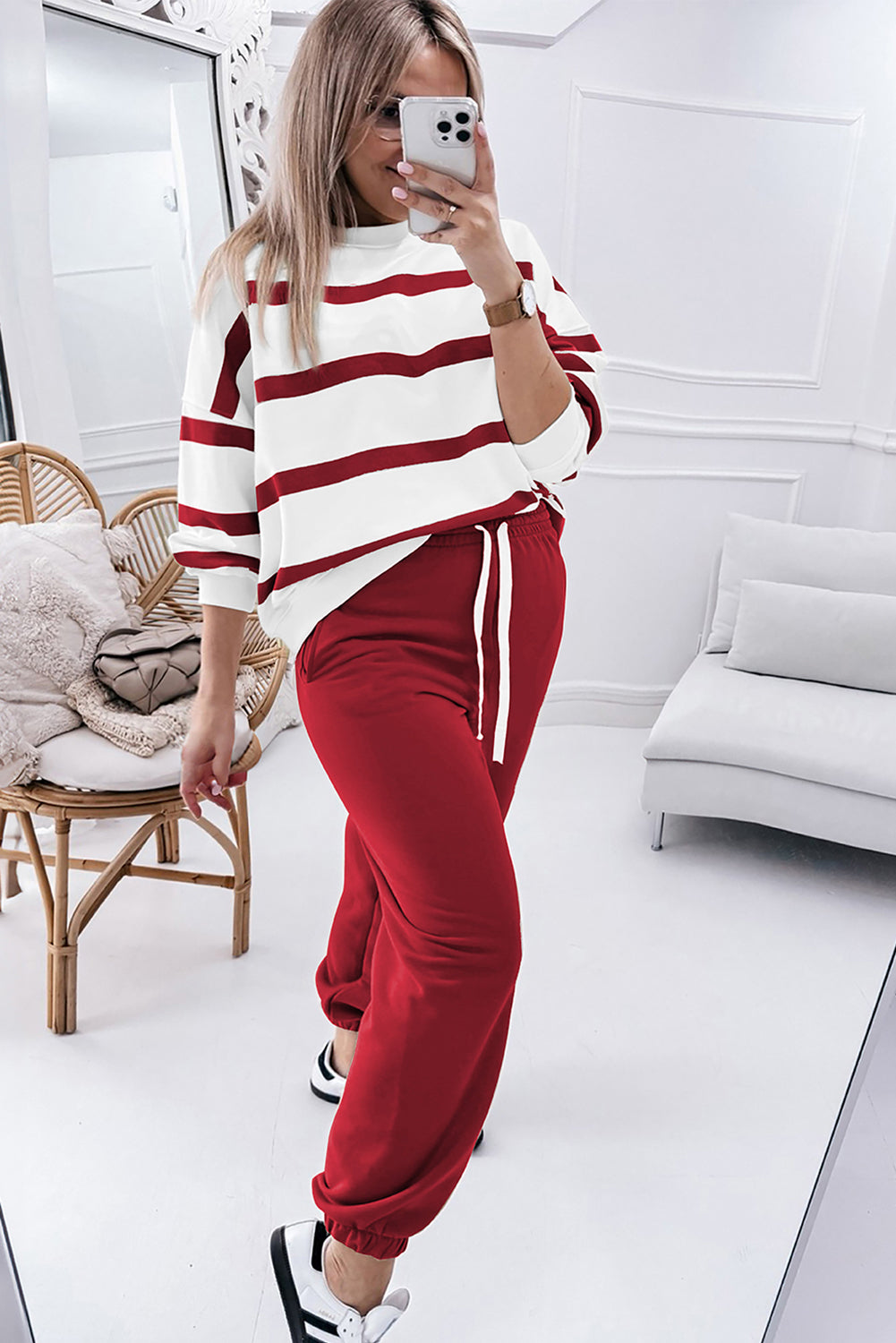 Red Striped Drop Shoulder Sweater and Jogger Pants Set